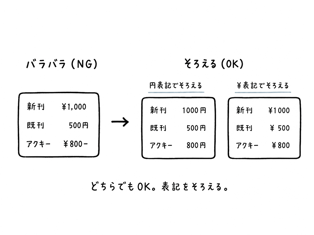 重要なのは、お品書き内で表記方法を統一することです。